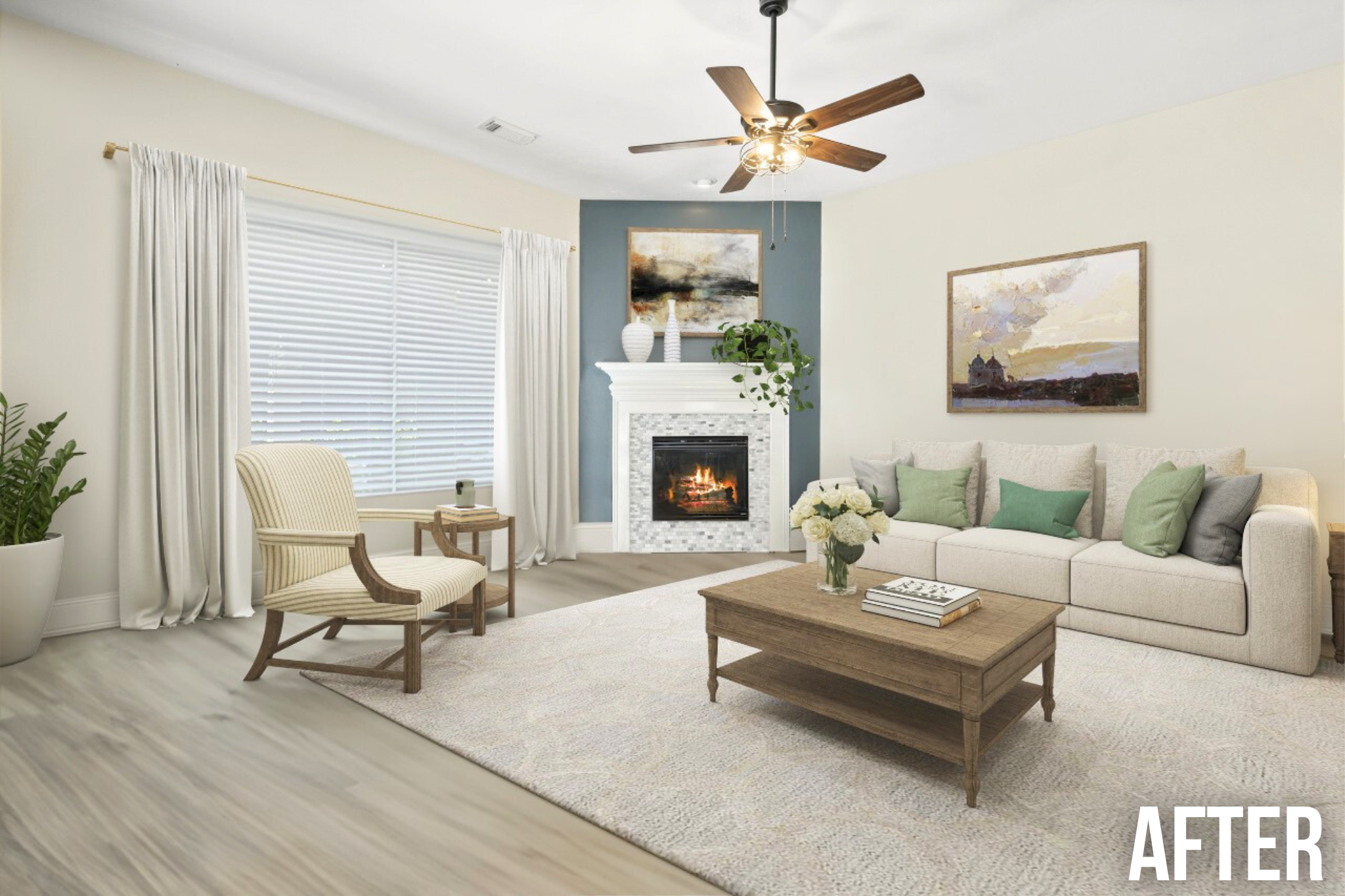 Square Foot Productions Virtual Staging, after image of a living room staged in light furniture