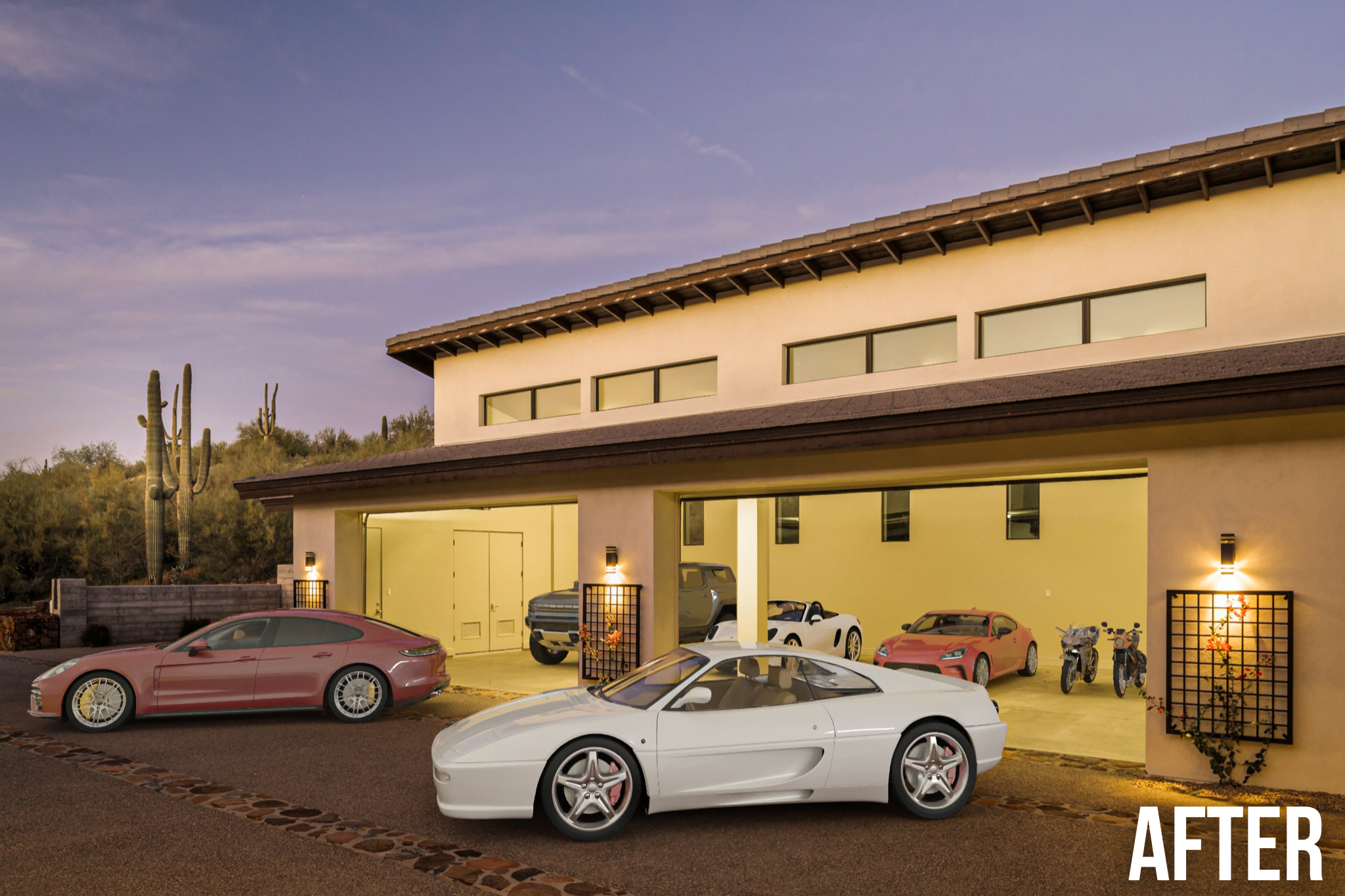 Square Foot Productions Virtual Staging, after image of a luxury residential garage staged with five vehicles and two motorbikes