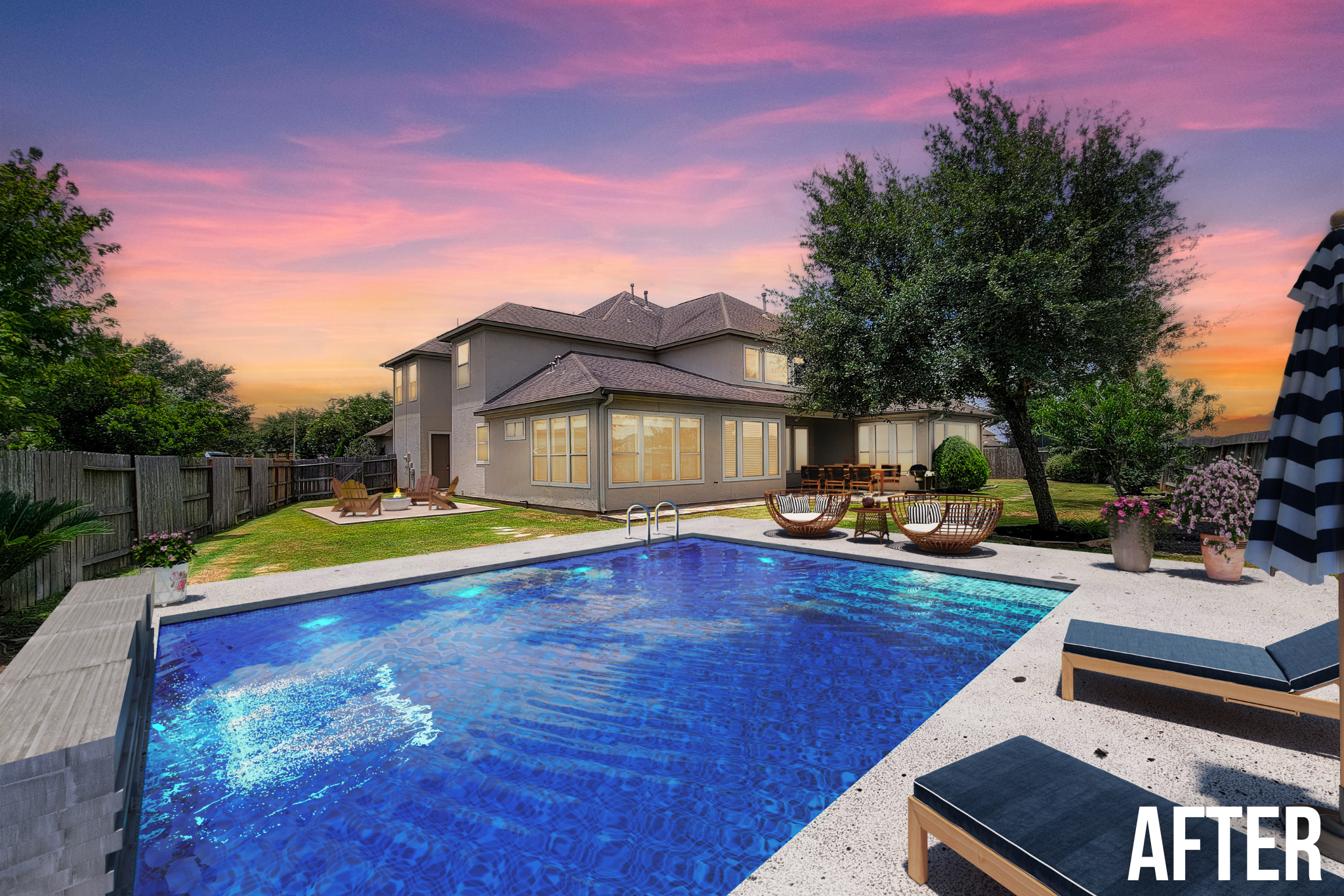 Square Foot Productions Virtual Remodel, after image of a residential home with a pool in the backyard and sunset in the background