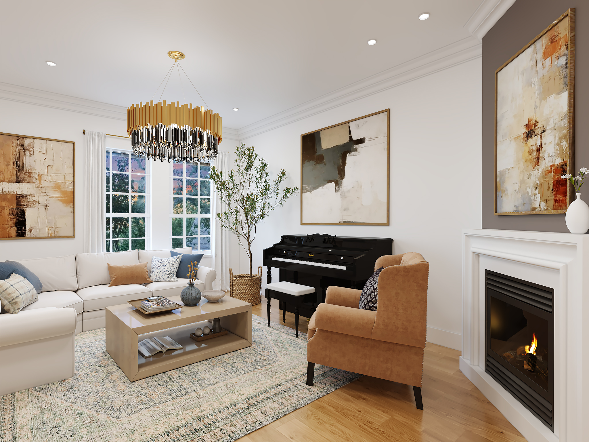 virtually remodeling living room with updated fireplace, finishings, and french patio doors