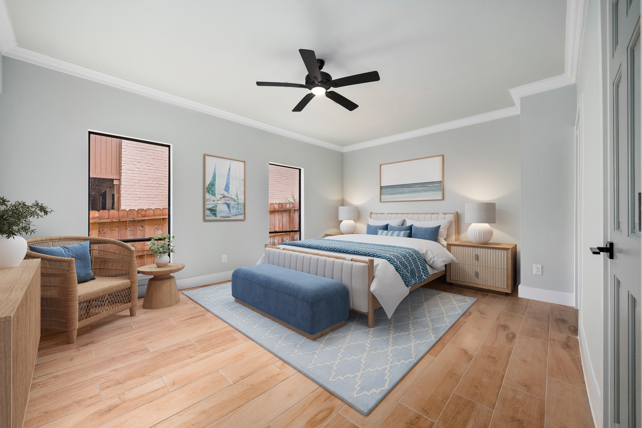 coastal virtual staging style of a primary bedroom in a waterfront property