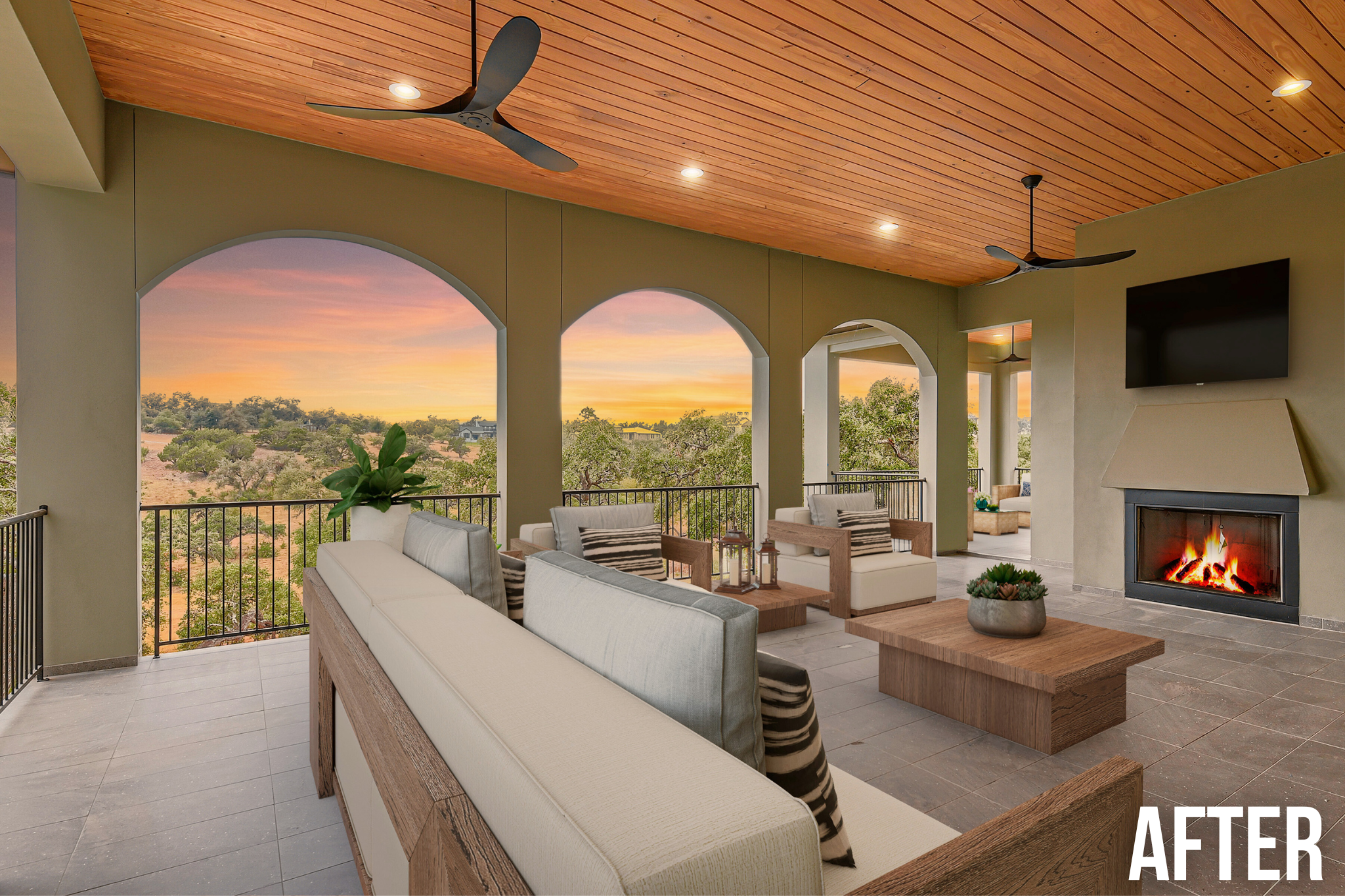 Square Foot Productions, Virtual Staging after image depicting an outdoor patio with lounge furniture, a fireplace, and twilight edit to help build trust with clients