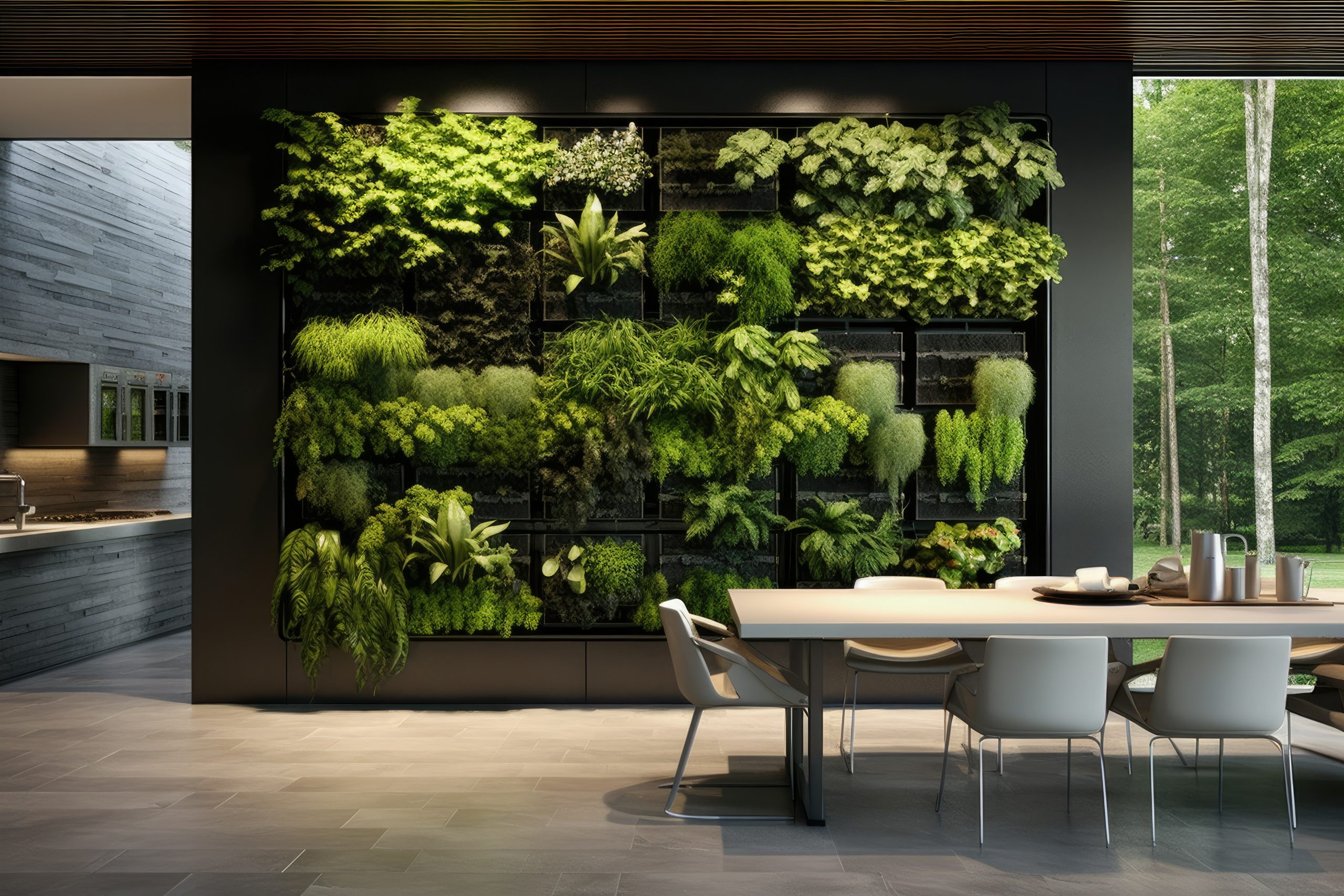 2024 home design trends: Eco-friendly home interior design with biophilic design elements. Modern living room interior biophilic design with vertical garden wall