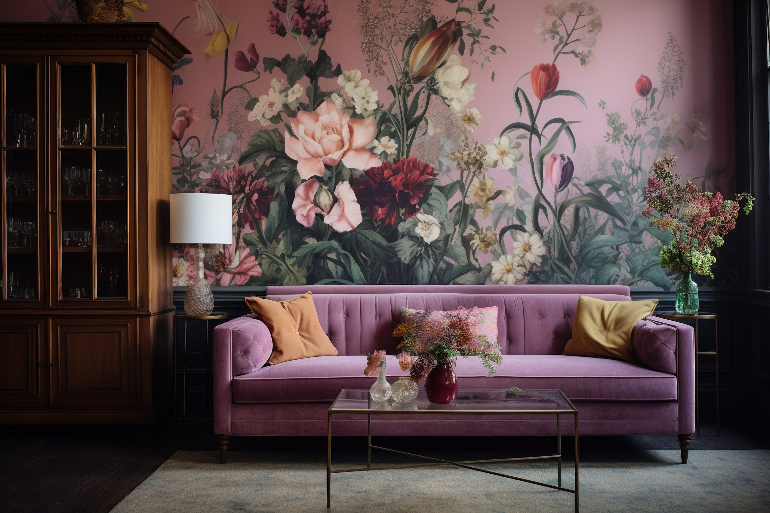 purple velvet sofa in front of floral wallpaper; winter interior design