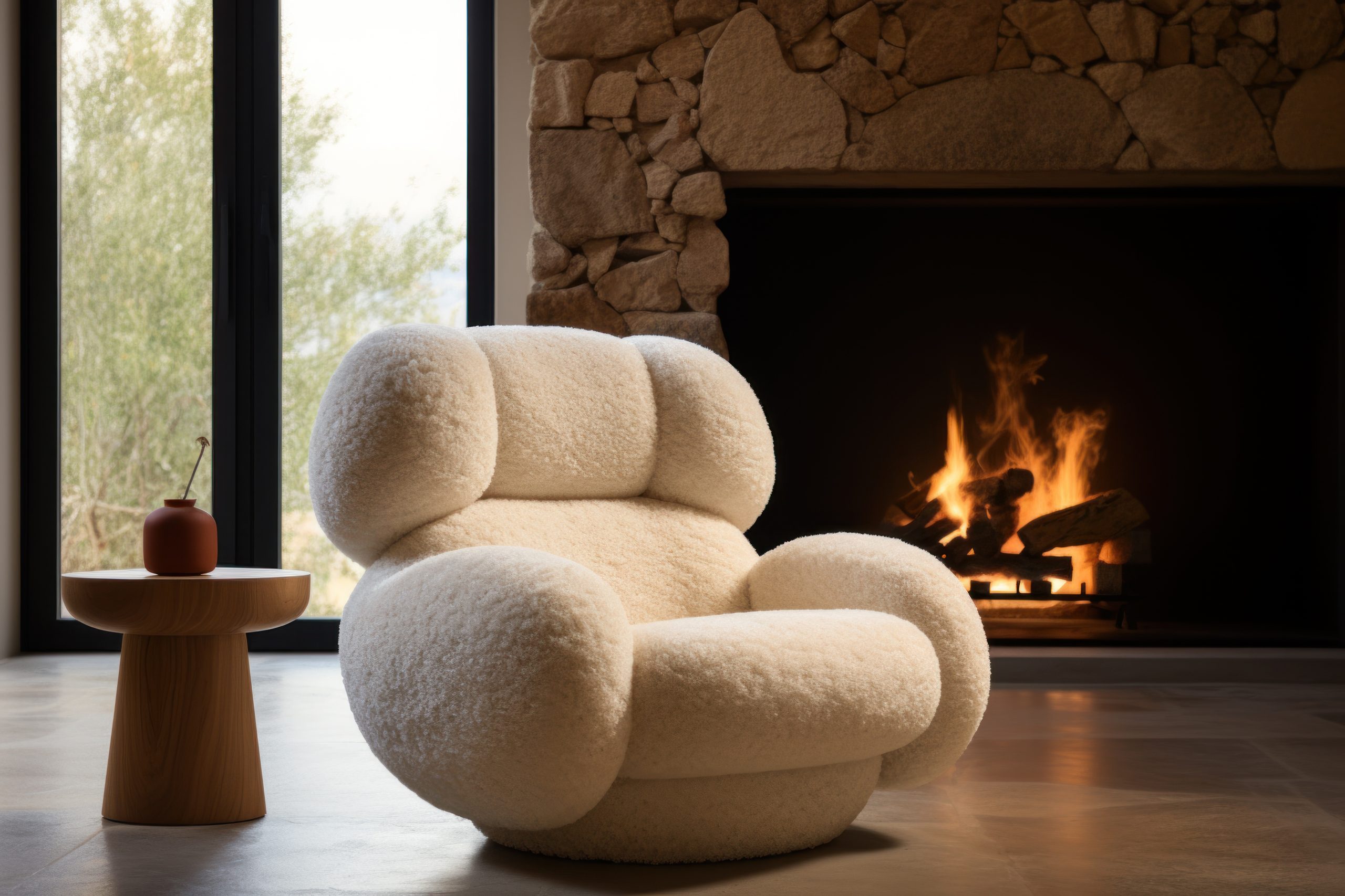 winter home decor ideas; chunky boucle armchair in front of a warm fireplace
