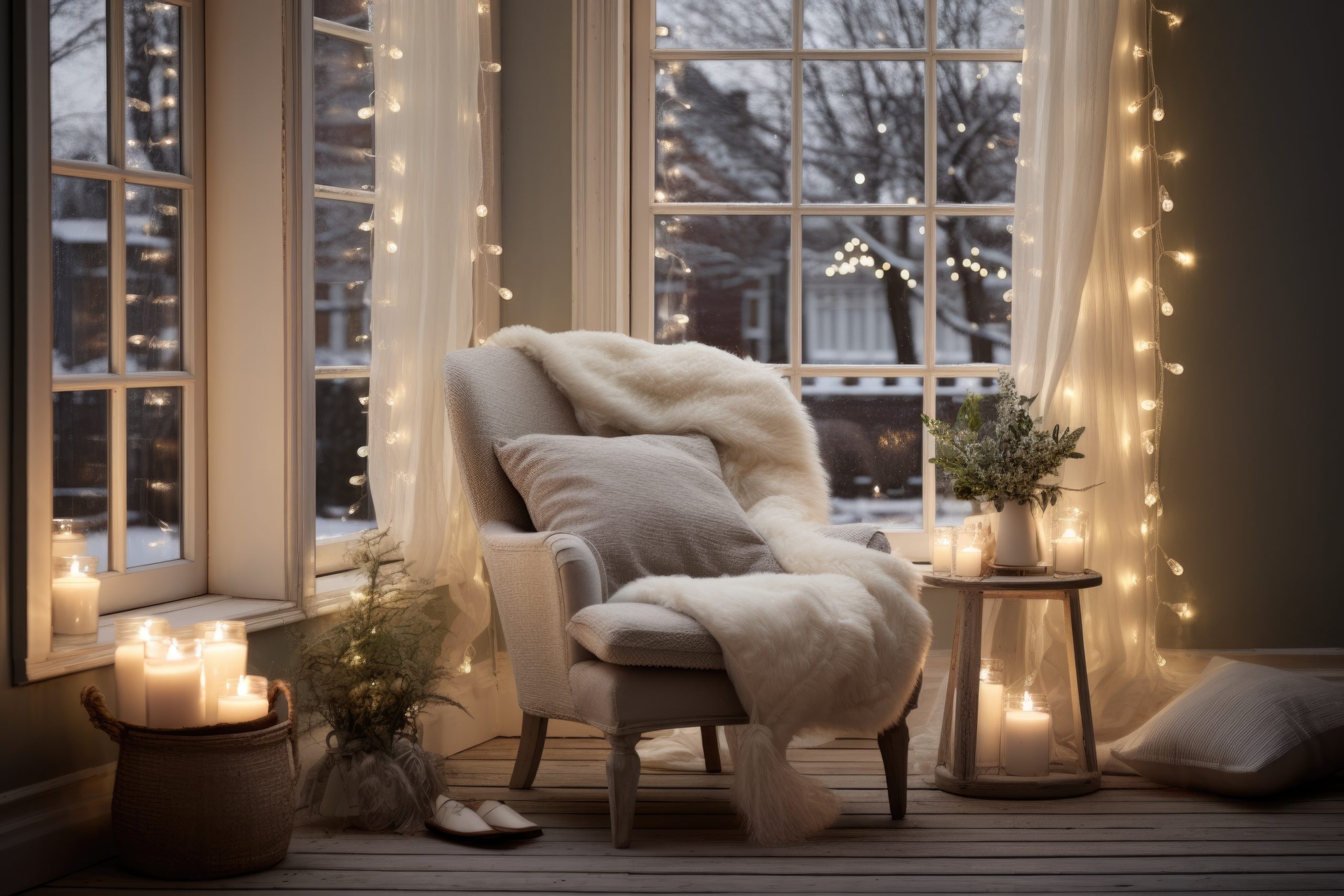 winter home decor ideas; layered lighting behind curtains in a living room and lit candles scattered around