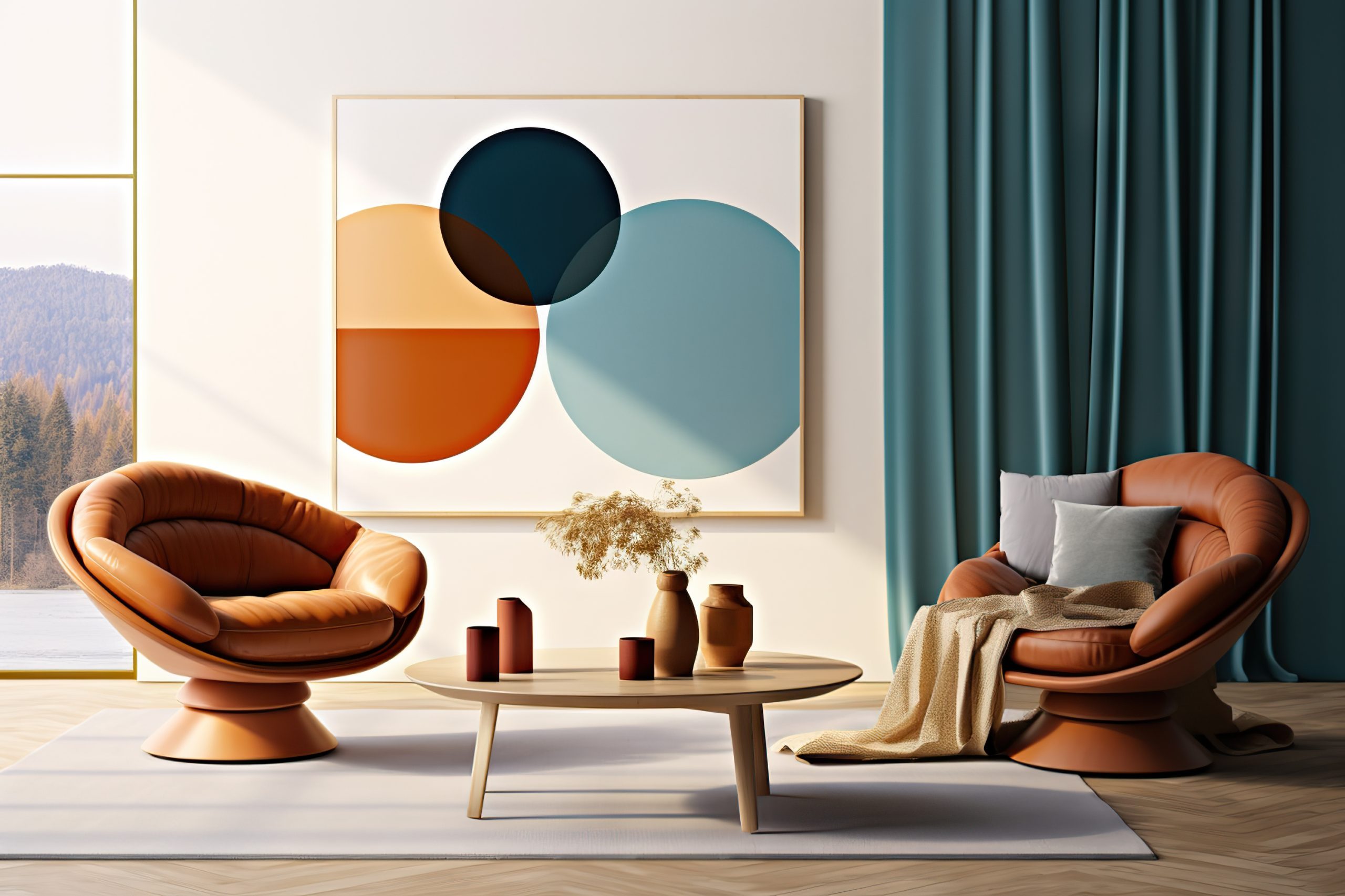 Capture the essence of modern minimalism with this stock photo featuring a terra cotta lounge chair against a wall adorned with two art posters, showcasing a sleek and refined living room design.