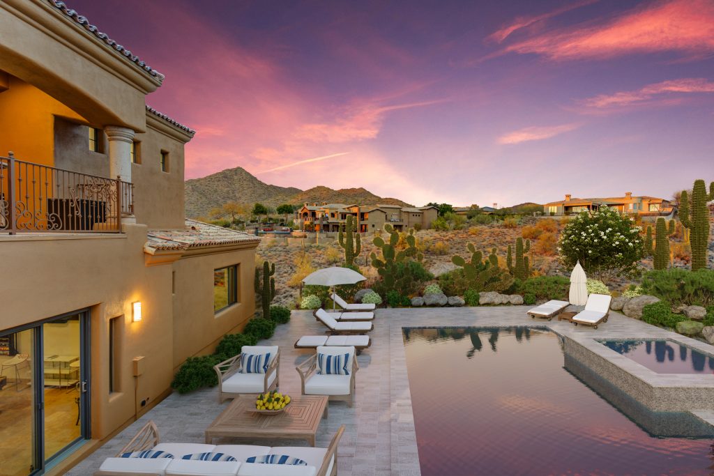 after image of a tan home in the desert with a virtual pool