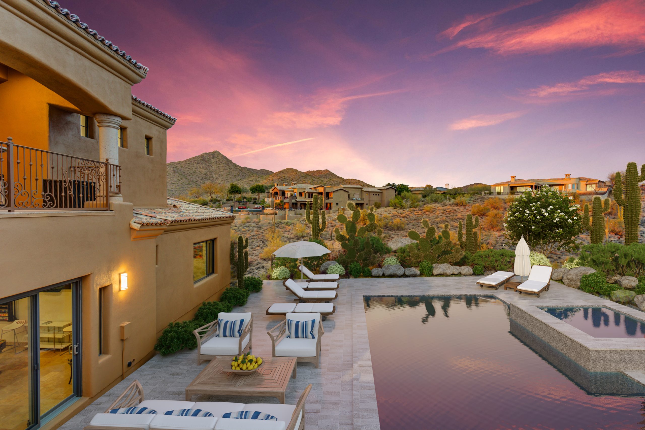 after image of a tan home in the desert with a virtual pool