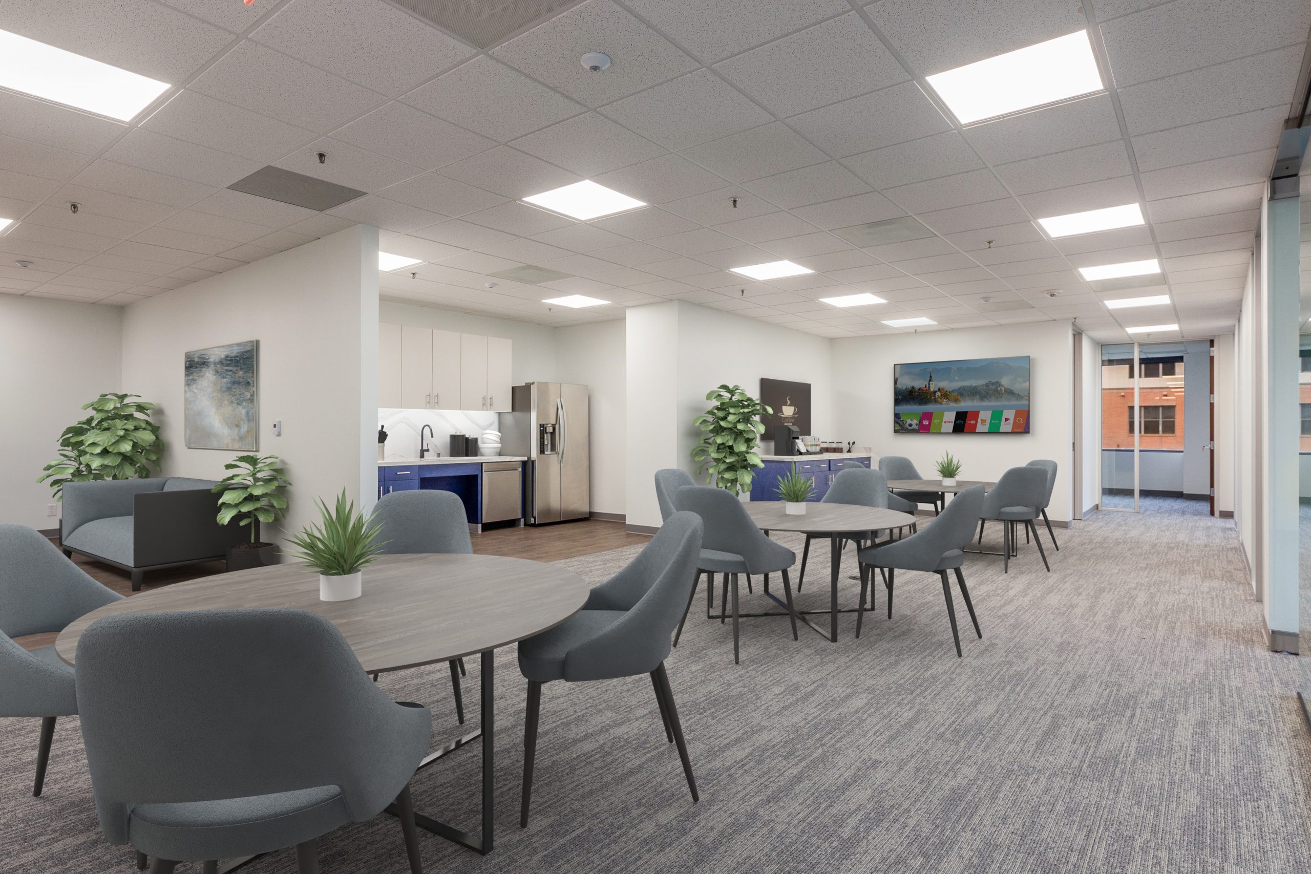 virtually staged break room for large office space
