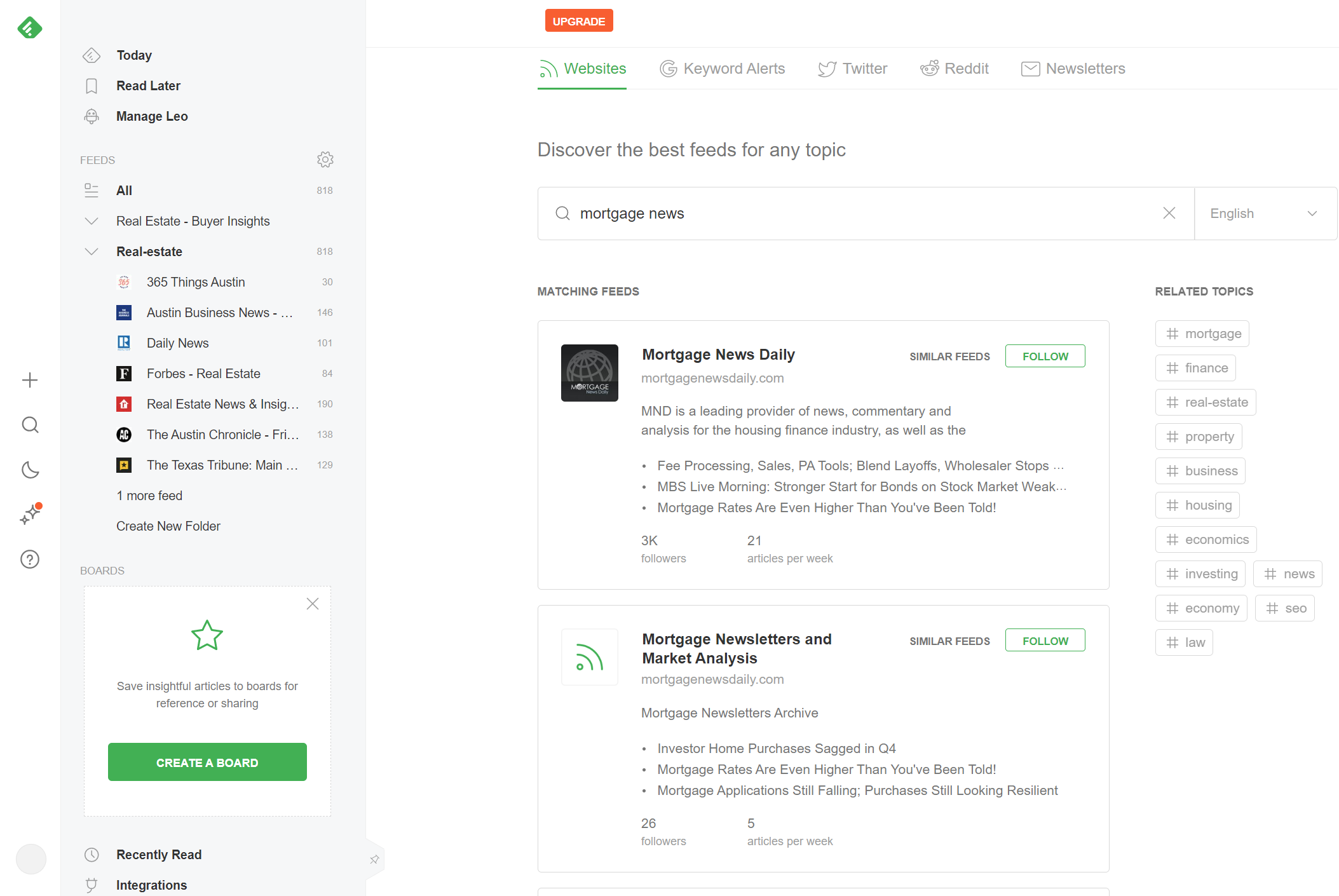 Feedly newsfeed dashboard and content search