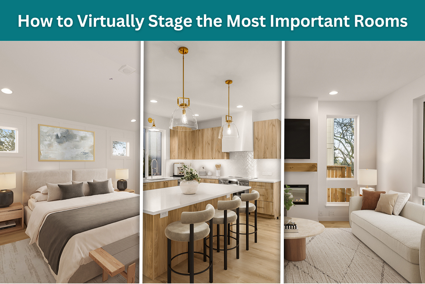 a 3-paneled image with a virtually staged bedrrom, kitchen, and living room with title text, "How to Virtually Stage the Most Important Rooms"