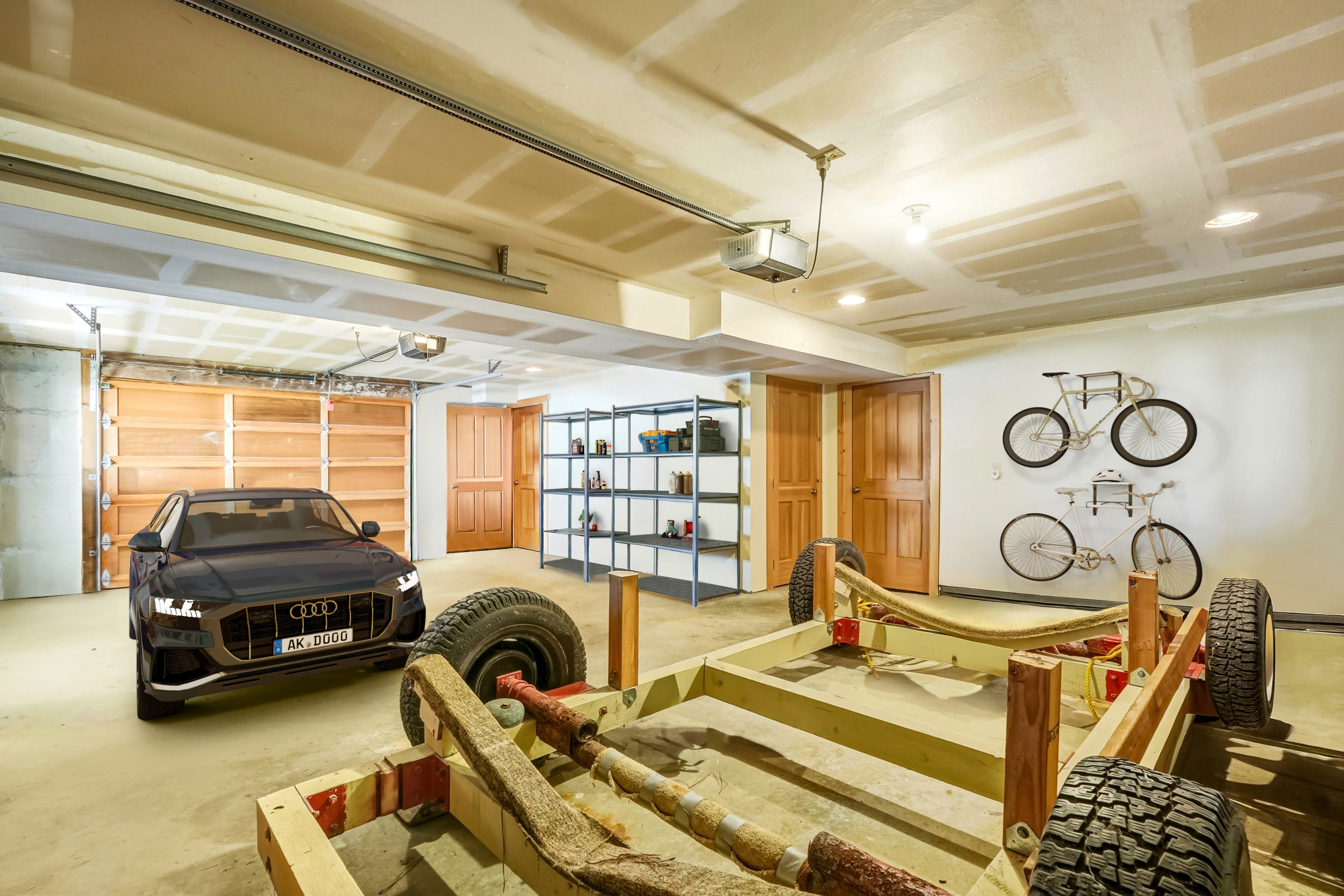 Garage After Virtual Staging with a vehicle and bicycle racks
