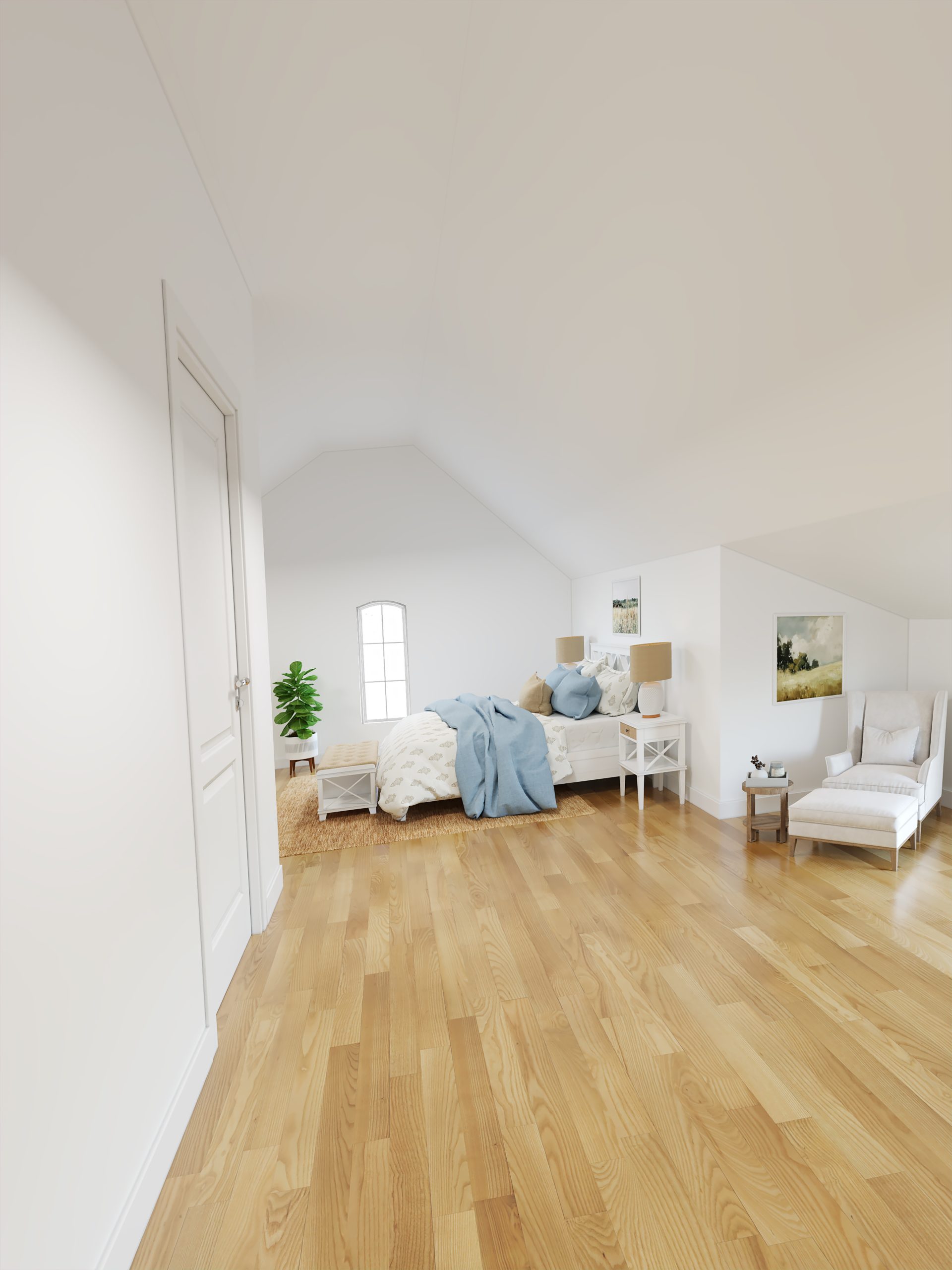 attic space after virtual remodel from unfinished to spare bedroom