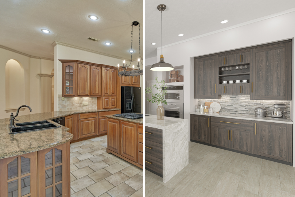 split screen image of a kitchen before and after a virtual remodel
