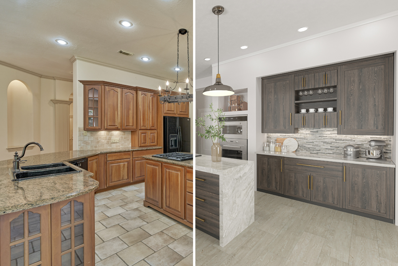 split screen image of a kitchen before and after a virtual remodel