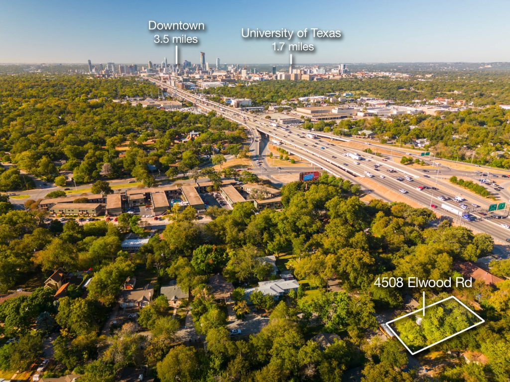 aerial spotlight edit of home with address, outline, location labels and distances