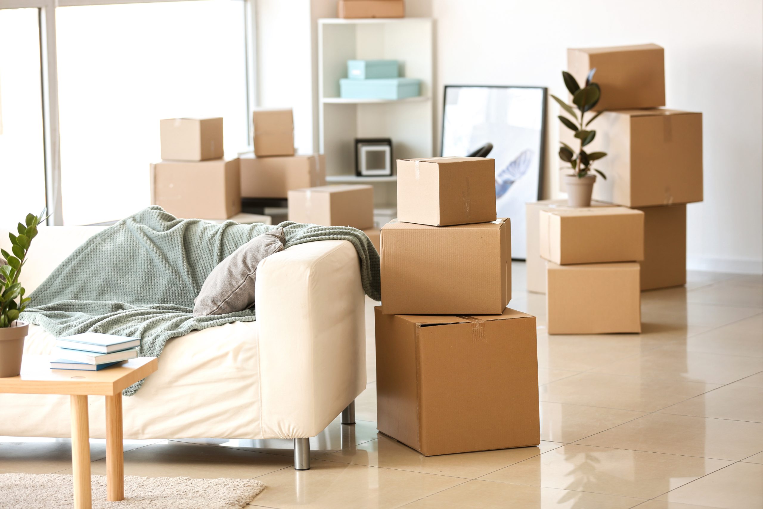 image of packed boxes in a partially furnished living room to illustrate relocation services