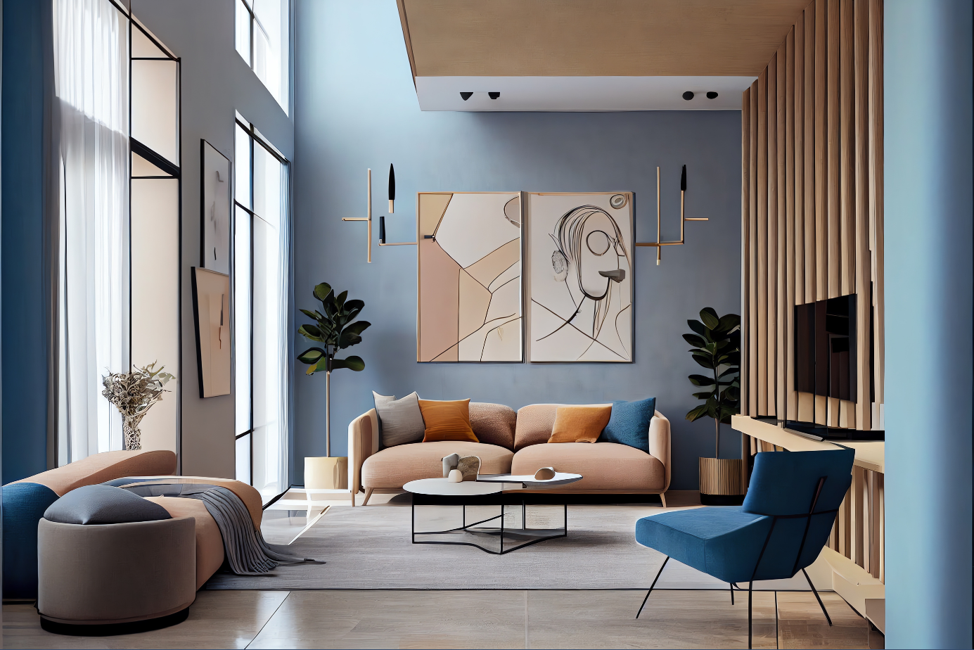 2024 home design trends: blue hues and warm neutrals in an open living room with double-height windows and wood accent wall