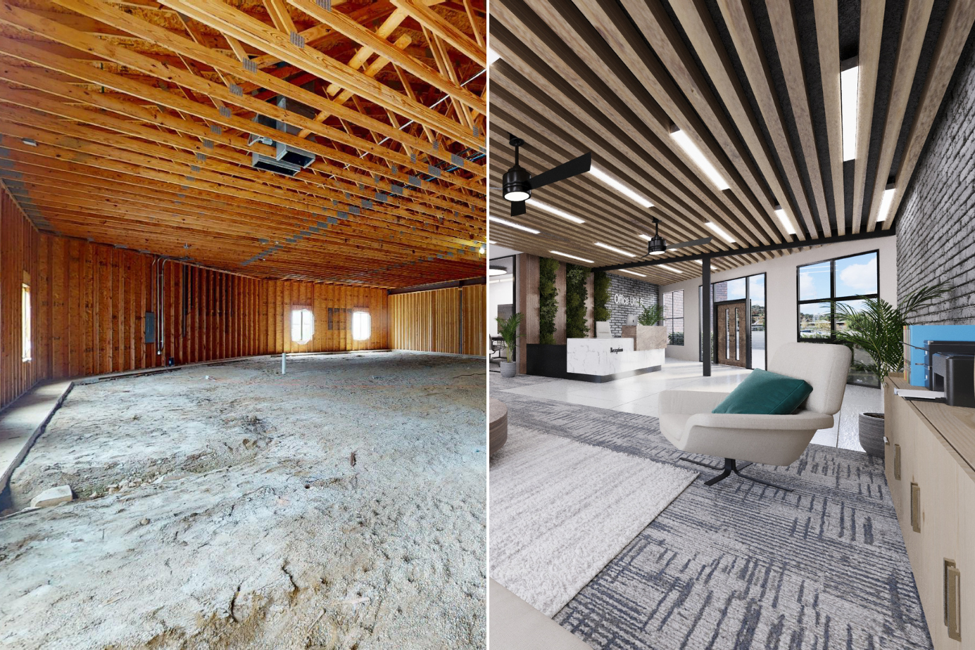 Commercial Virtual Remodeling by Square Foot Productions, split image shows a shell space transformed into an office space