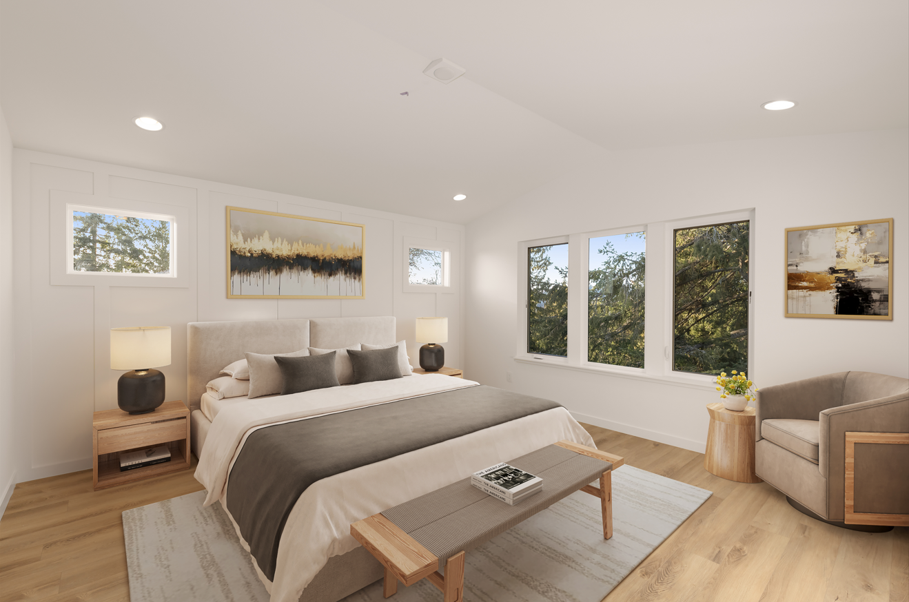 Virtual Staging Bedroom After, with spring staging trends using light wood tones and light linens