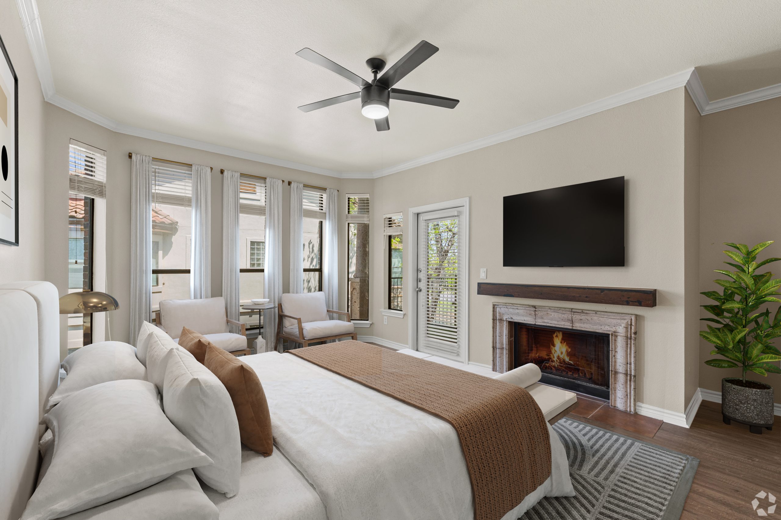 Apartment bedroom after virtual staging with lush bedding