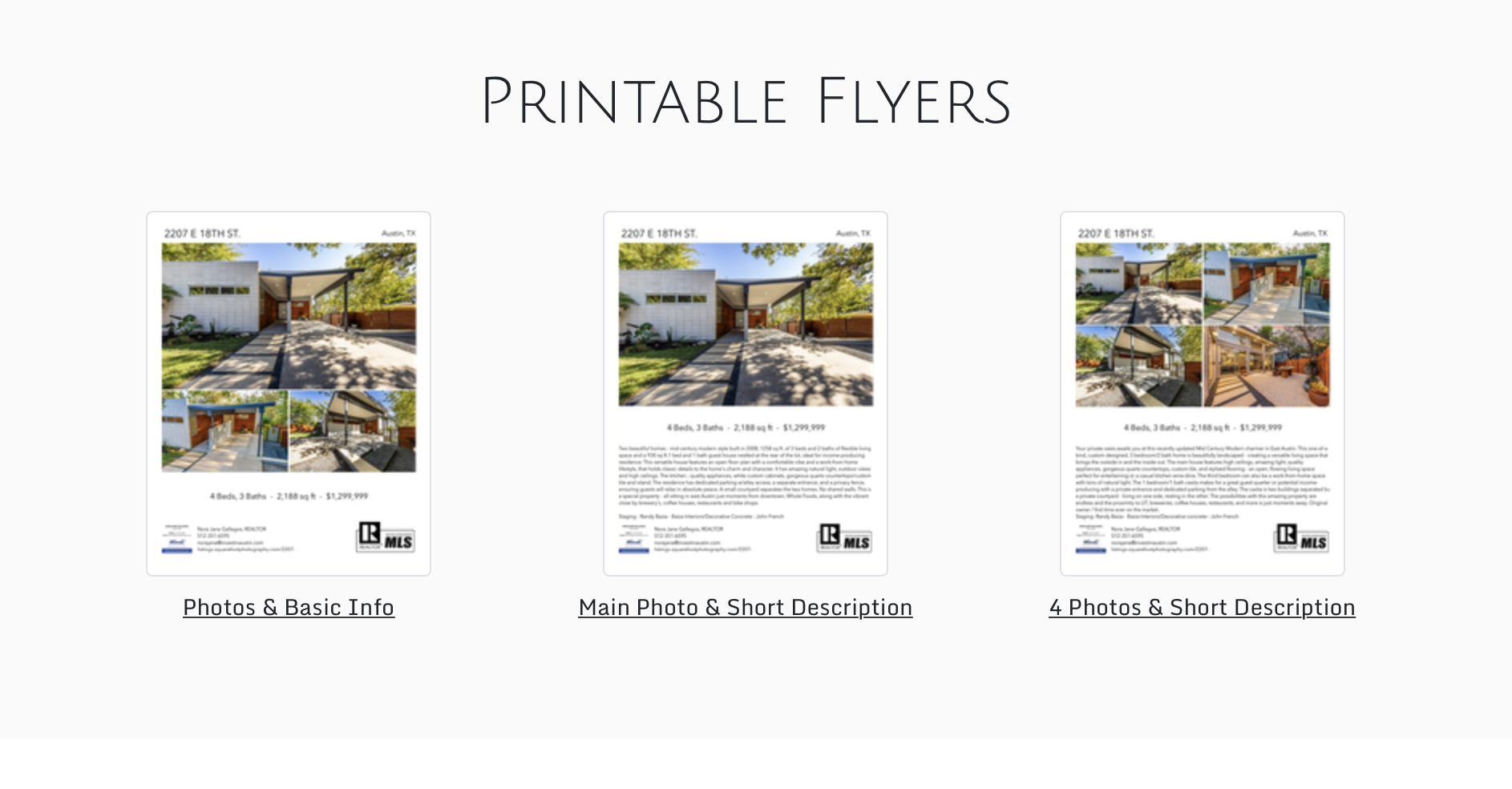 examples of printable branded flyers for a property listing created from a single property website
