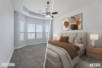 Cozy Home Staging - split image of a before/after virtual staging of a cozy bedroom