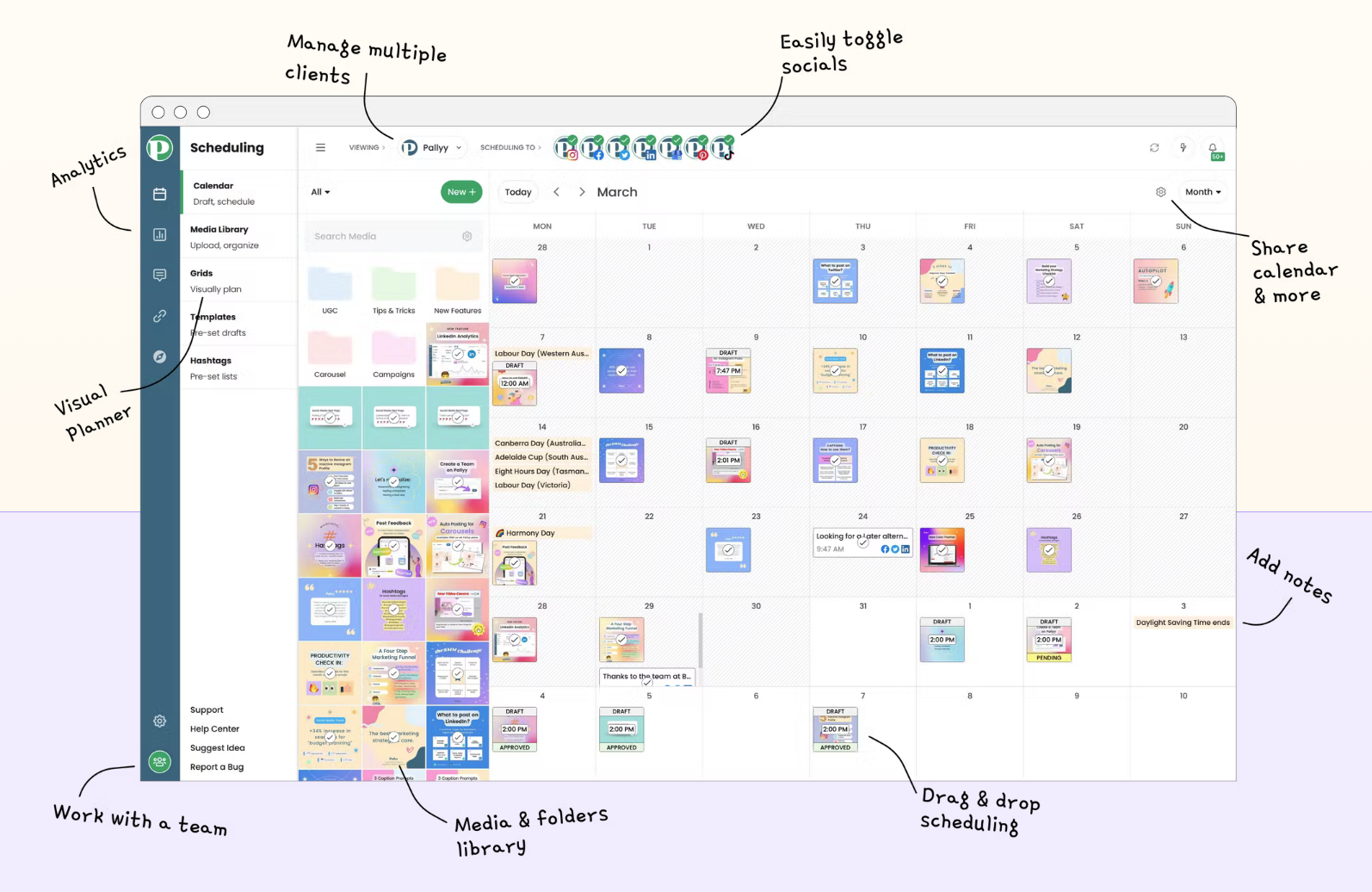 Pallyy social media management display with highlighted features.